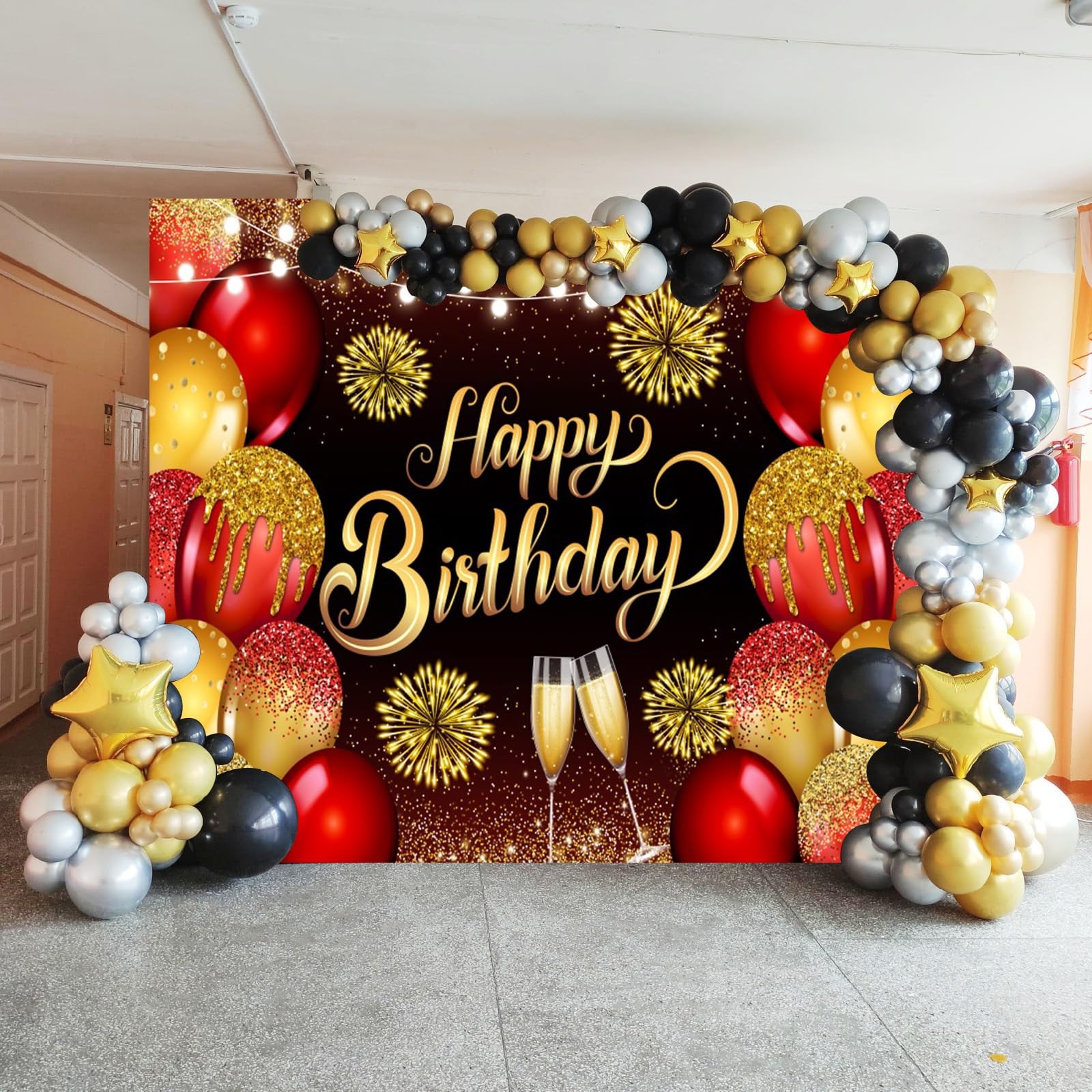 Red Gold Happy Birthday Backdrop 10x8ft Photography Background Women Party