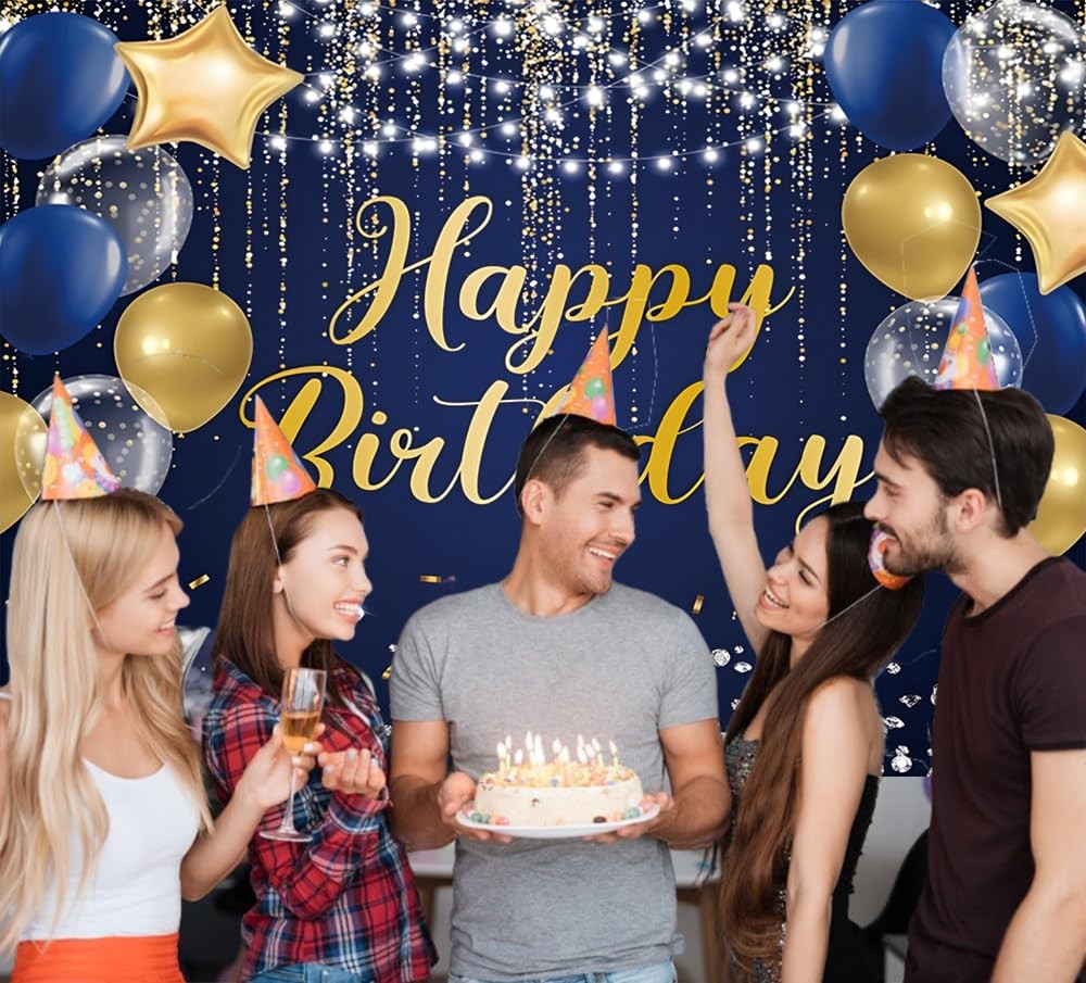 Happy Birthday Backdrop 7x5ft for Men Boys Navy Blue and Gold Happy Birthday …