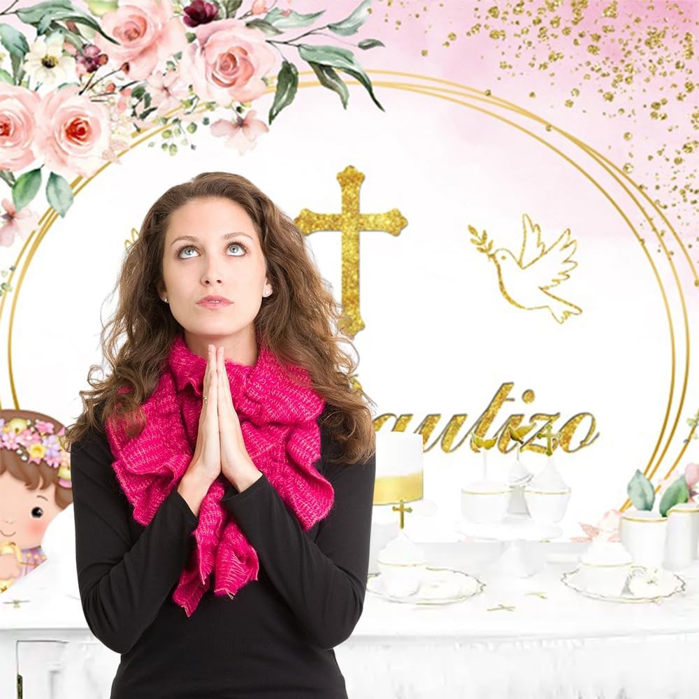 8x6ft Mi Bautizo Baptism Backdrop God Bless First Holy Communion Girls Gold