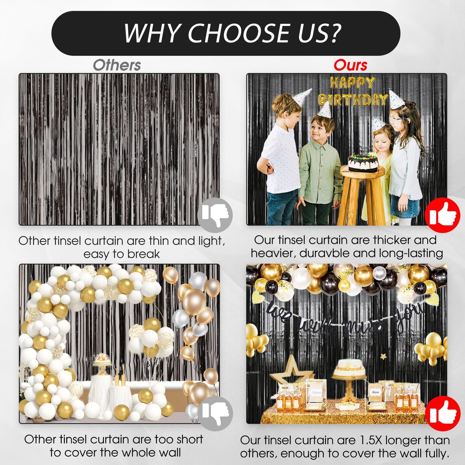 TenLaitech 3 Pack 3.3 x 9.9 ft Black Foil Fringe Backdrop 3 PCS,