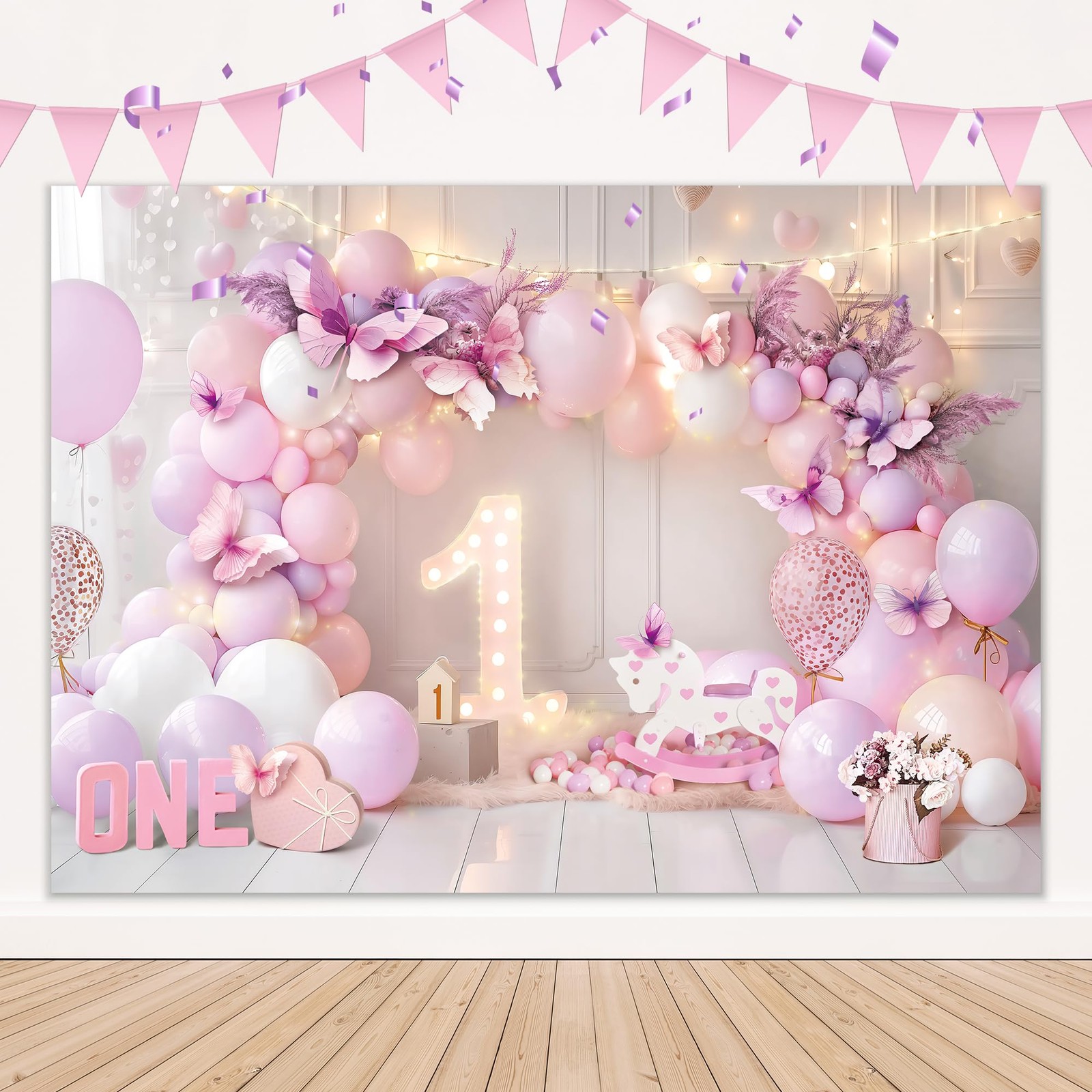 Girl 1st Birthday Backdrop 7Wx5H Feet Purple Pink Princess Balloons Lights Bu…