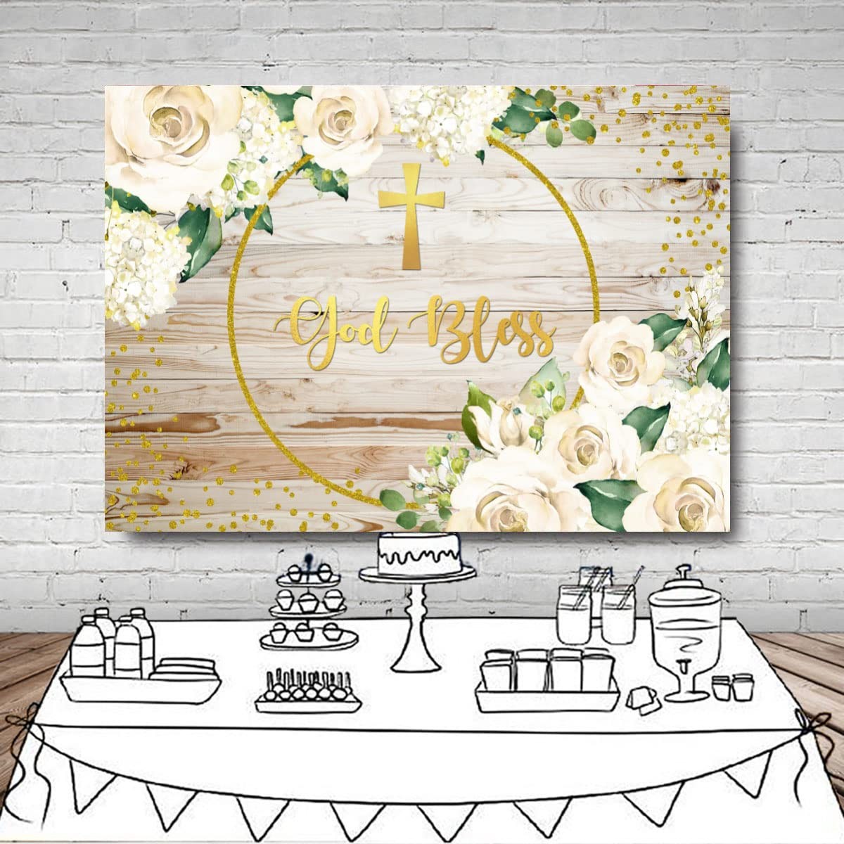 God Bless Backdrop Rustic Wood White Floral Newborn Baby Shower Photography B…