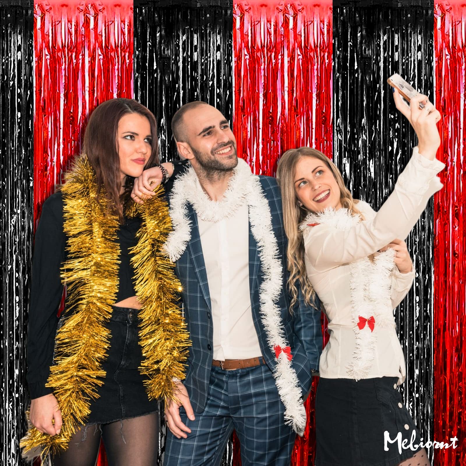 4 PCS 3.2Ftx8.2Ft Black Red Fringe Curtain Backdrop Metallic Tinsel Streamers