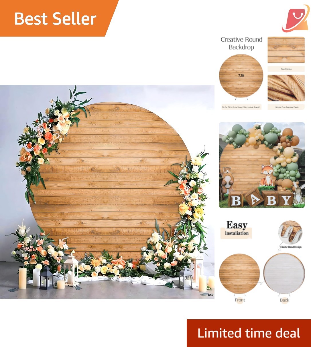 Wood Grain Round Arch Backdrop Cover 7.2ft Wrinkle Free Wedding Party Decor