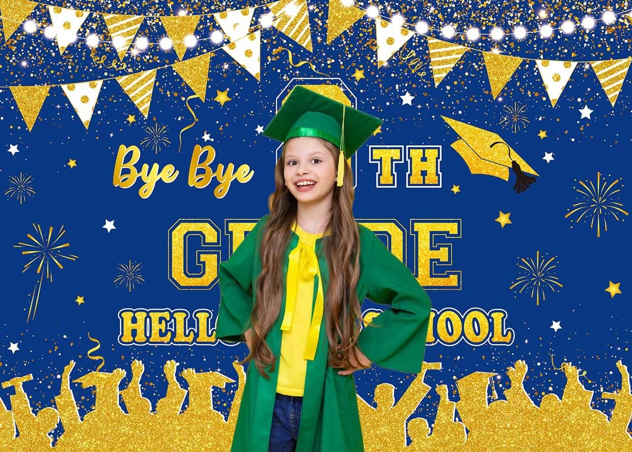 8×6 FT Bye Bye 8th Grade High School Backdrop Blue Gold Class Of 2025