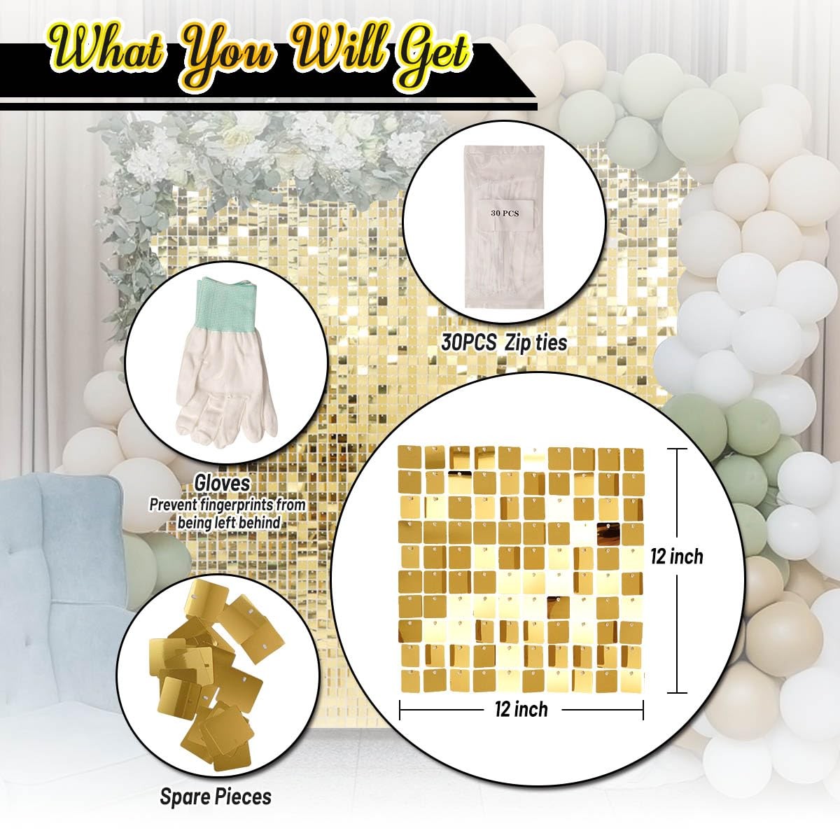 Kate Square Light Gold Sequin Wall Panels Shimmer Wall Birthday Party Backdro…