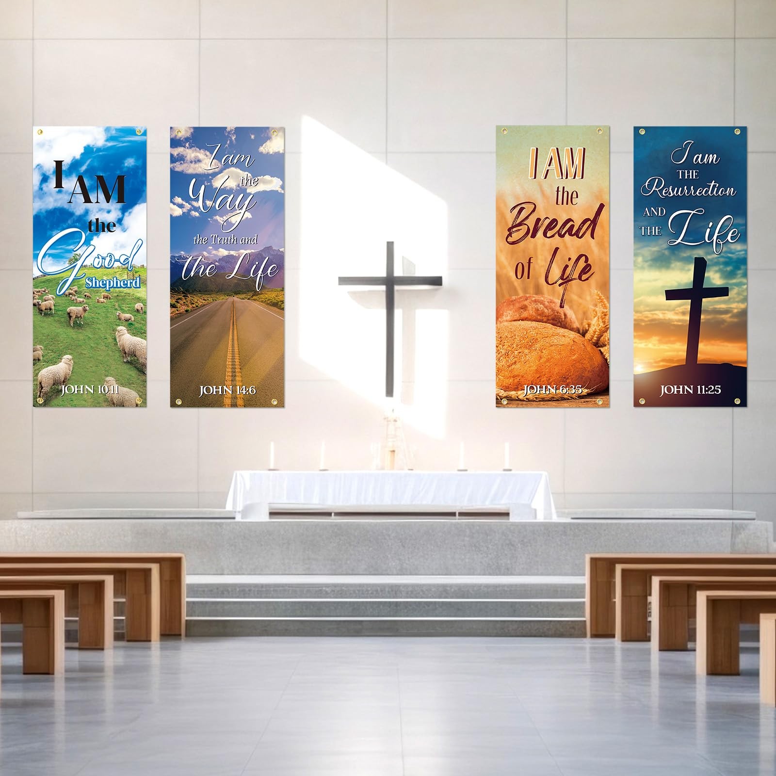 4 Pcs Church Banners for Sanctuary I Am The Good Shepherd/way/bread/resurrect…