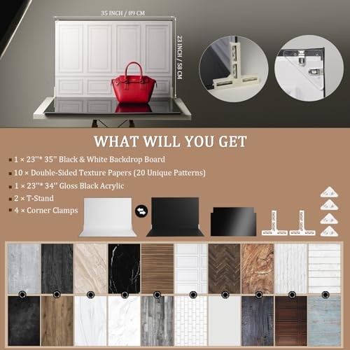 Product Photography Backdrops with Gloss Black Acrylic, 23x35in Photo Backdrop
