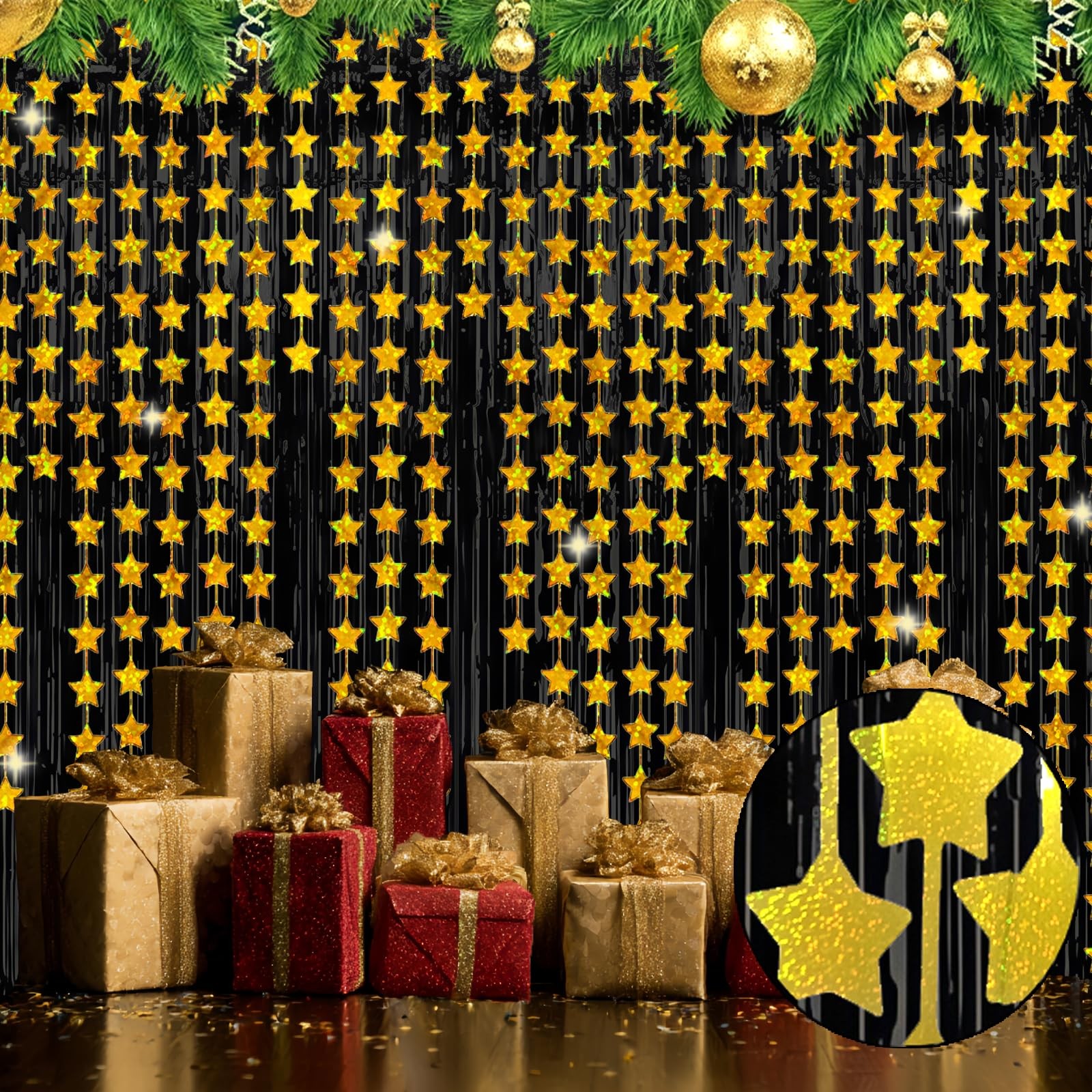 4 PCS 3.3×6.6ft Black Gold Star Tinsel Fringe Curtain Backdrop