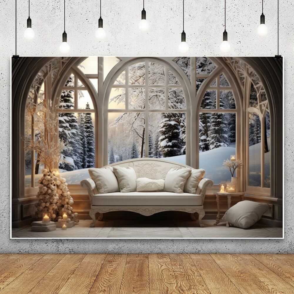 10x8ft Vinyl Christmas Backdrop White Couch Window Forest Snowscape Winter Co…