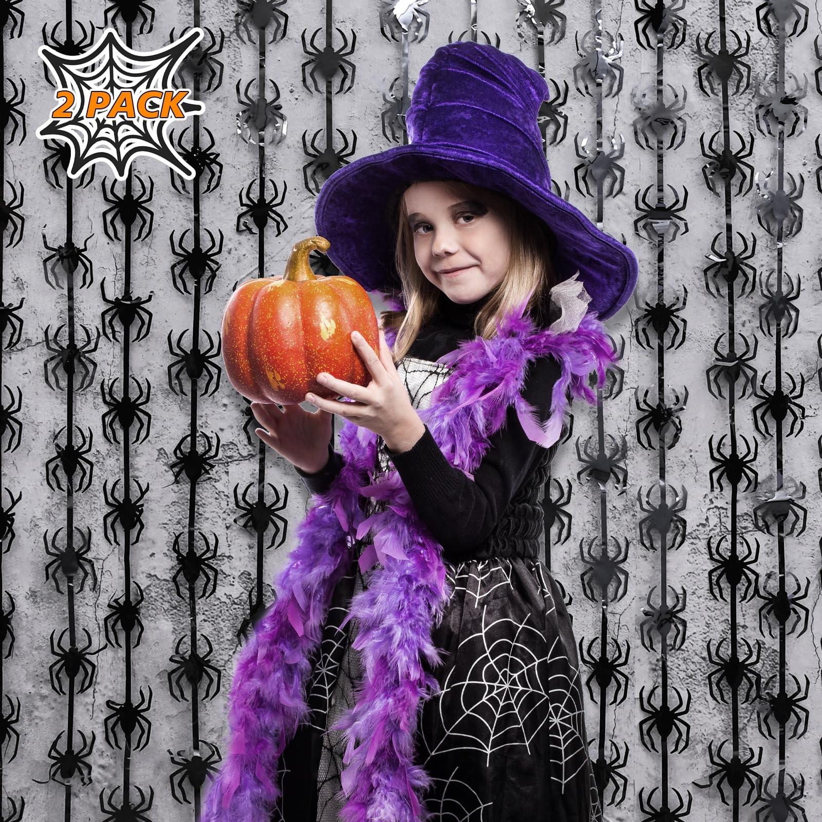 Halloween Spider Tinsel Foil Fringe Curtains 2 PCS Photo Booth Backdrop Decor