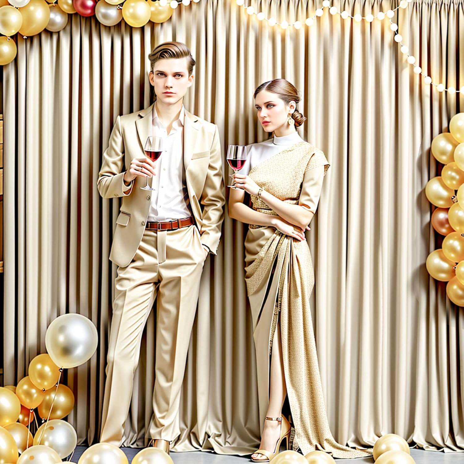 40Ft Wrinkle-Free Beige Backdrop Curtain for Weddings & Parties, 8 Panels