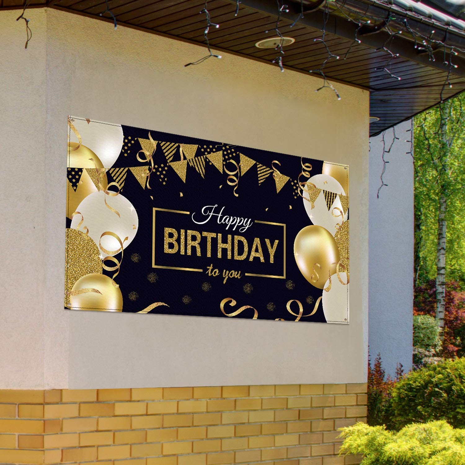 Happy Birthday Backdrop Banner Extra Large Black and Gold Sign Poster for Men Wo