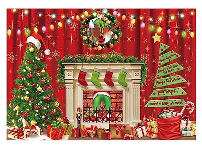 7x5ft Cartoon Stole Christmas Fireplace Backdrop for Winter Party
