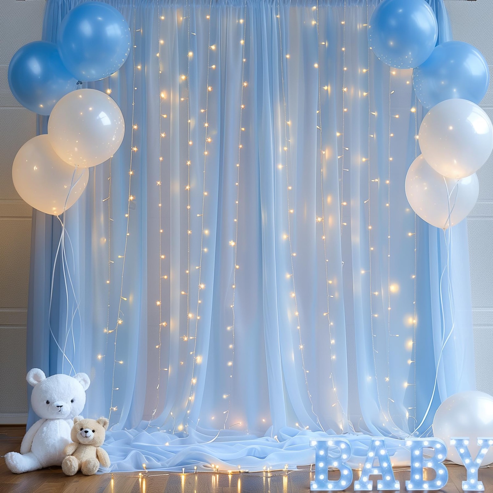 10×10ft Blue Tulle Backdrop Curtain with Lights String for Parties, Sheer Pho…