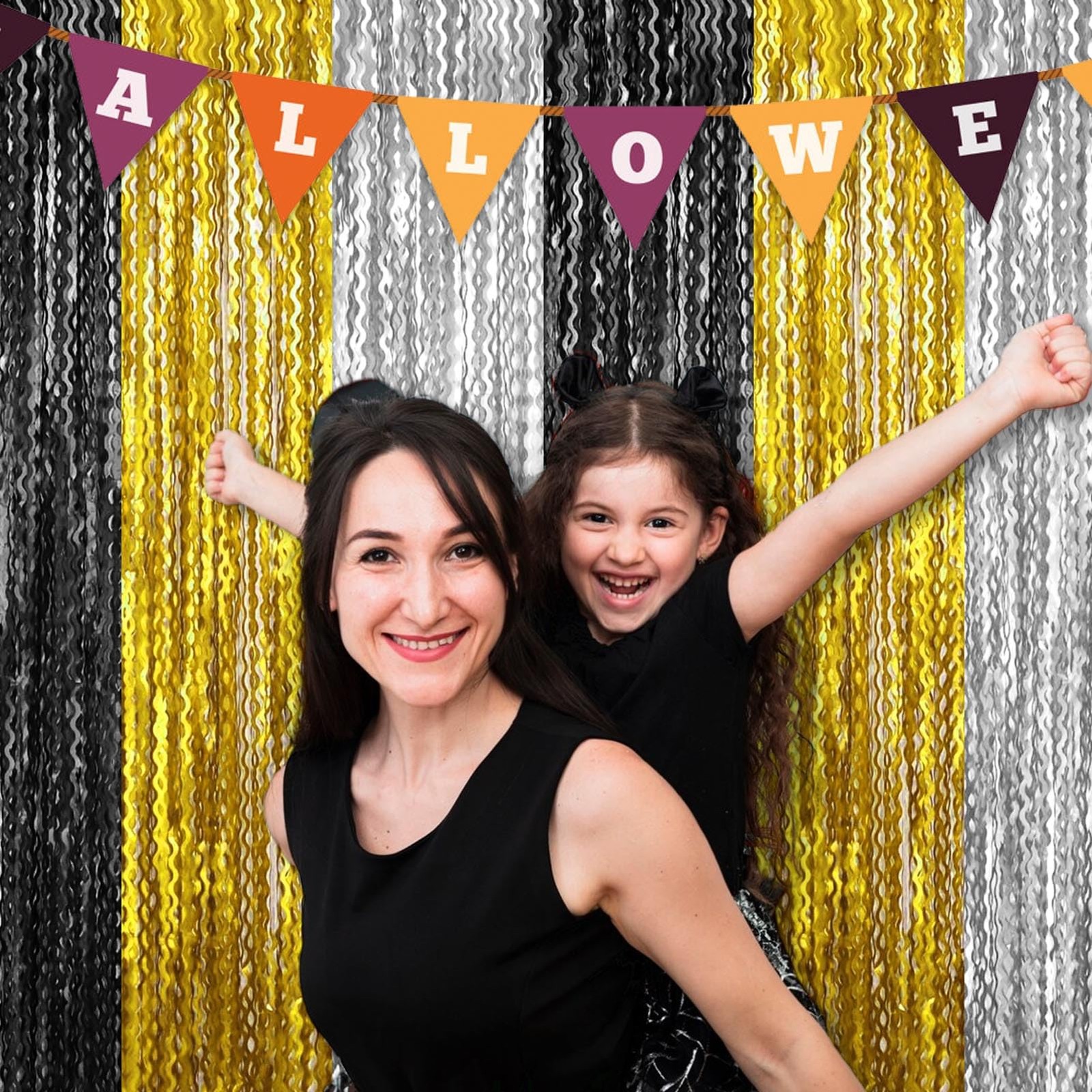 Black Gold Silver Fringe Curtain Backdrop Metallic Tinsel 3.2×8.2FT 4 PCS