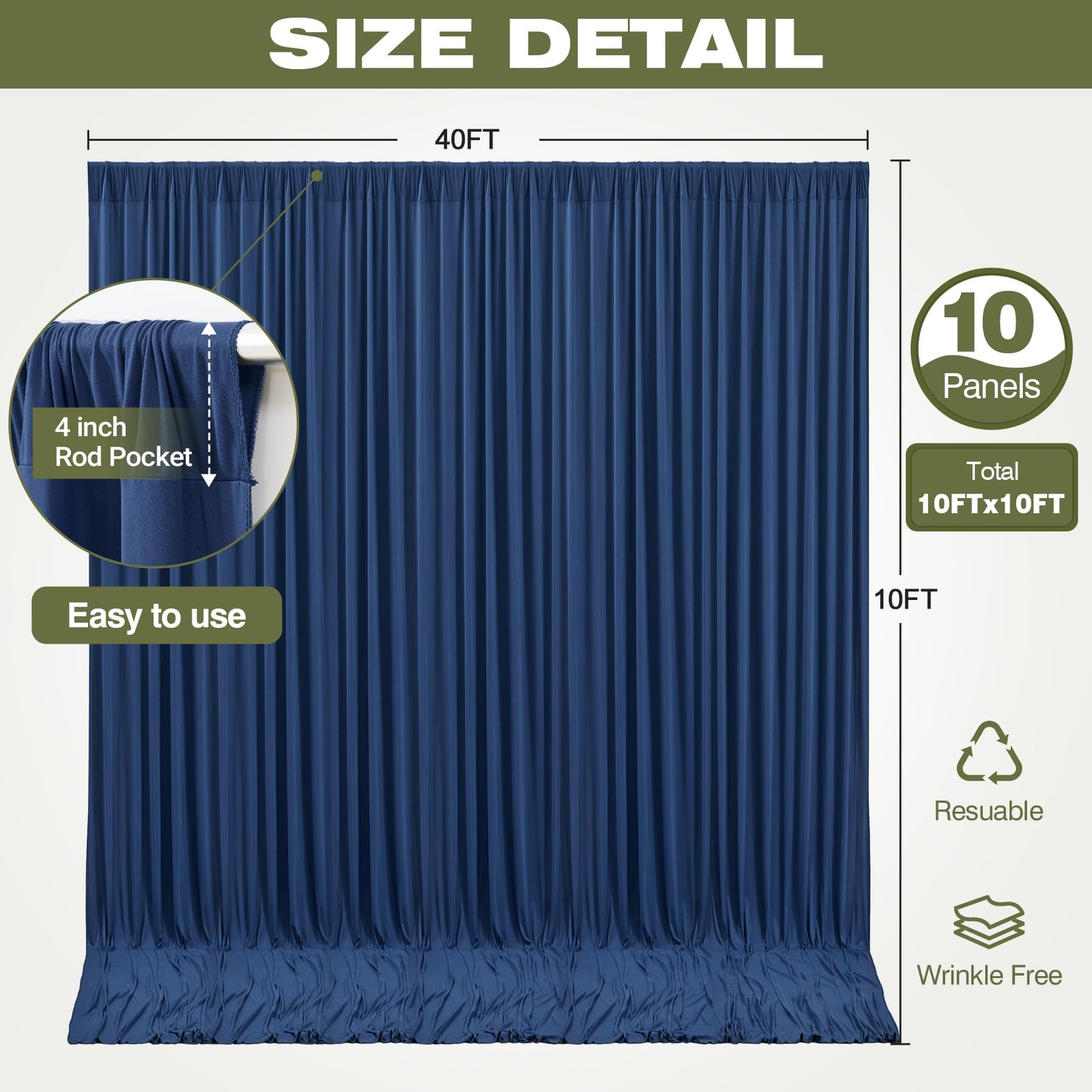 40x10ft Wrinkle Free Navy Blue Backdrop W4 x H10′(10 Panels),