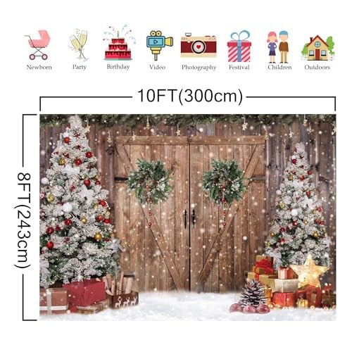 10x8FT Polyester Fabric Winter Christmas Rustic Barn Wood Door Photography