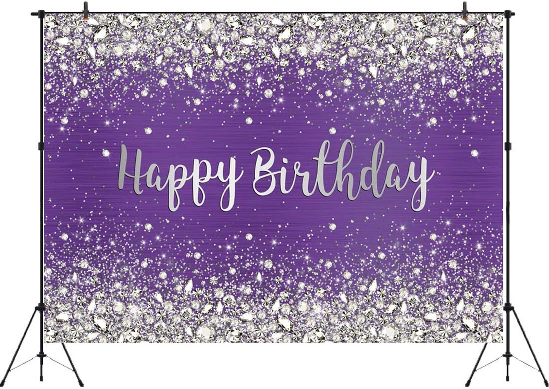 7X5Ft Glitter Purple Diamonds Happy Birthday Backdrop Shinning Silver Bokeh Dots