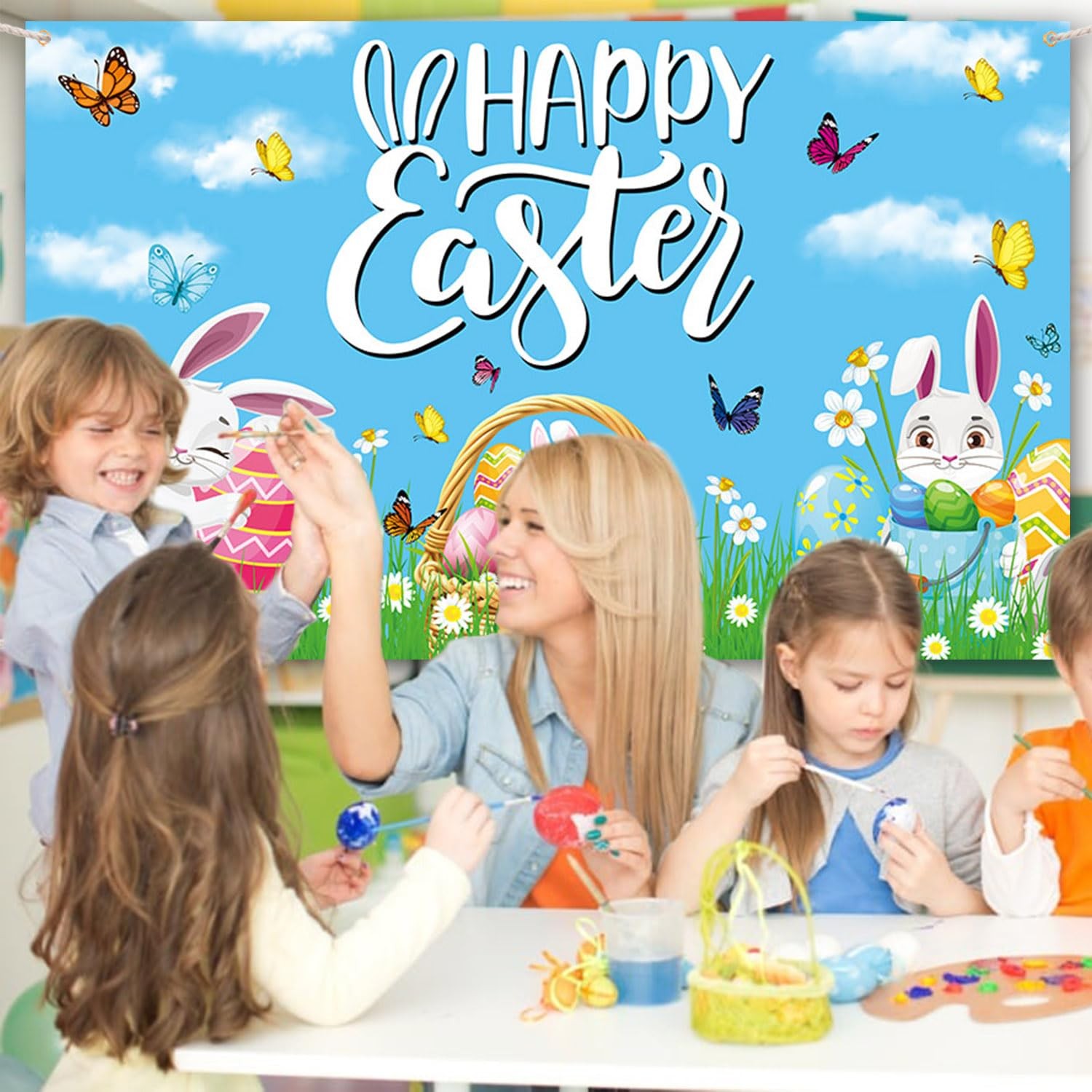AIBIIN Happy Easter Backdrop Banner Colorful Flower 5.9×3.6ft, Multicolor