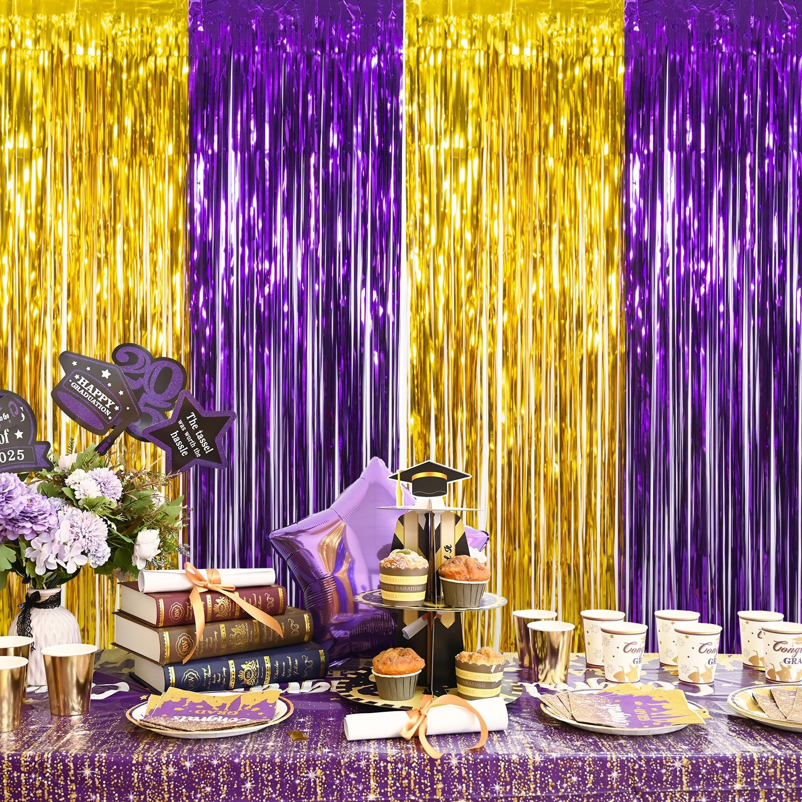Graduation Party Decoration, 2 Pack Purple Gold Foil Fringe Curtain