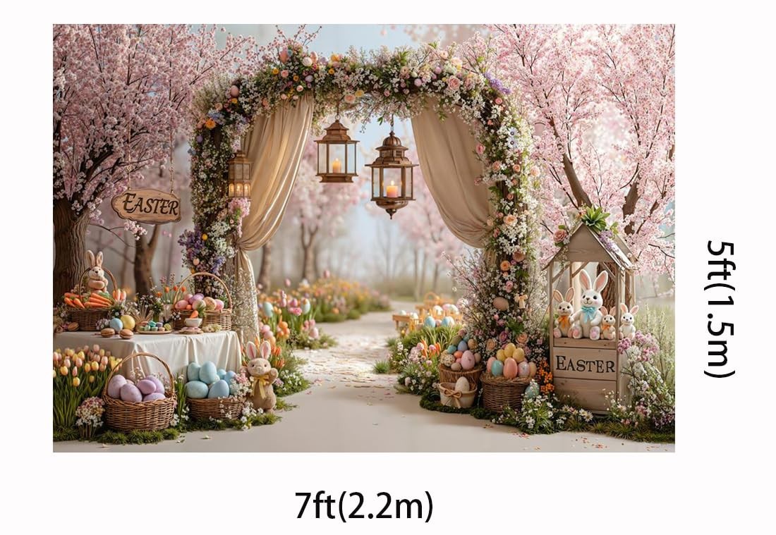 Spring Garden Pink Flowers Tree Photography Backdrop Bunny Easter 7×5 Ft