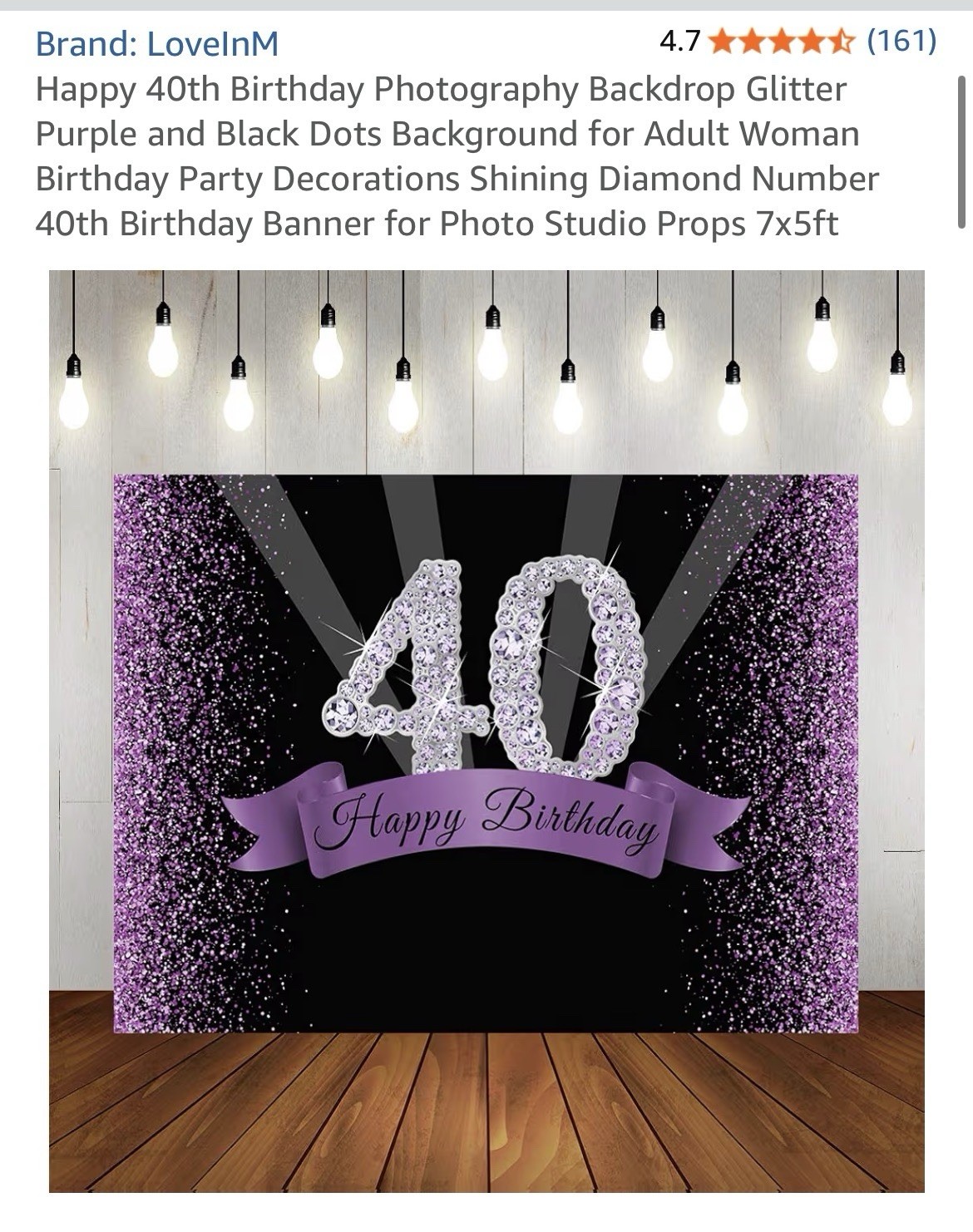 LoveInM Happy 40th Birthday Backdrop 7×5 ft Matte Vinyl Glitter Black Purple