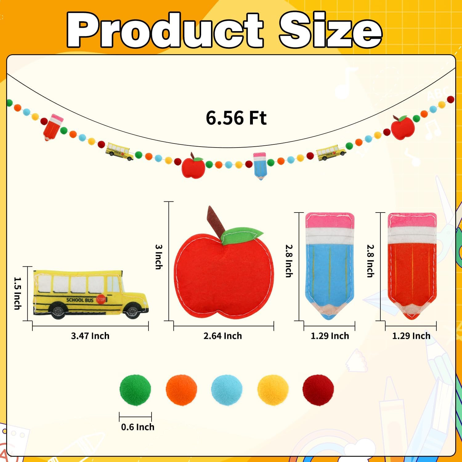Back to School Felt Pom Banner Cute 3D Bus Apple Pencil Felt Ball Garland Back t