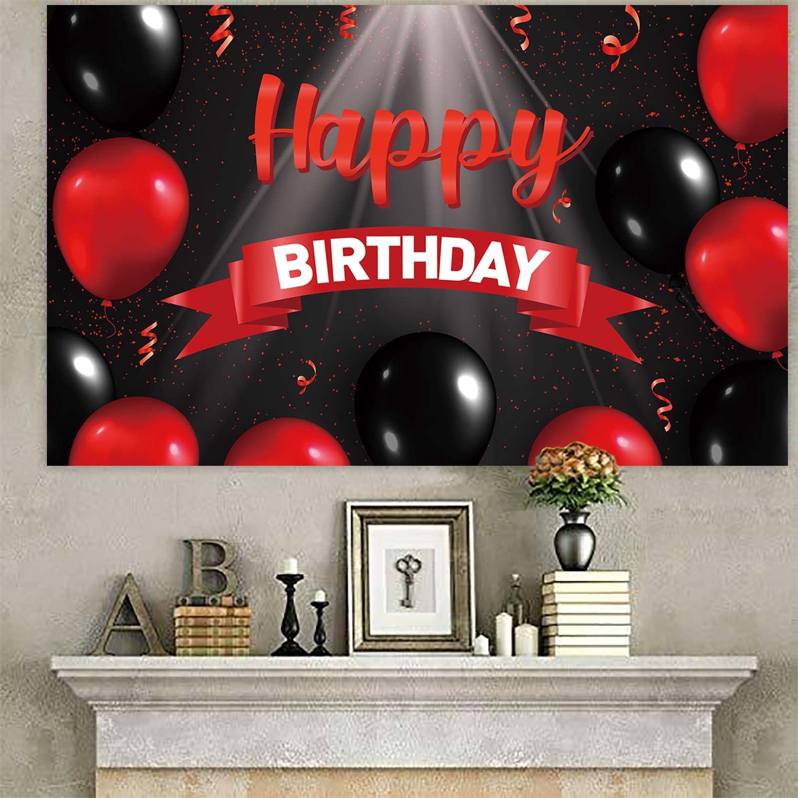 Happy Birthday Banner Backdrop Decorations Red and Black Balloons Spotlight T…