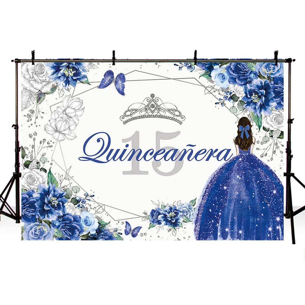 Sendy 7x5ft Quinceanera 15th Birthday Backdrop for Sweet 7x5ft, Blue,Silver