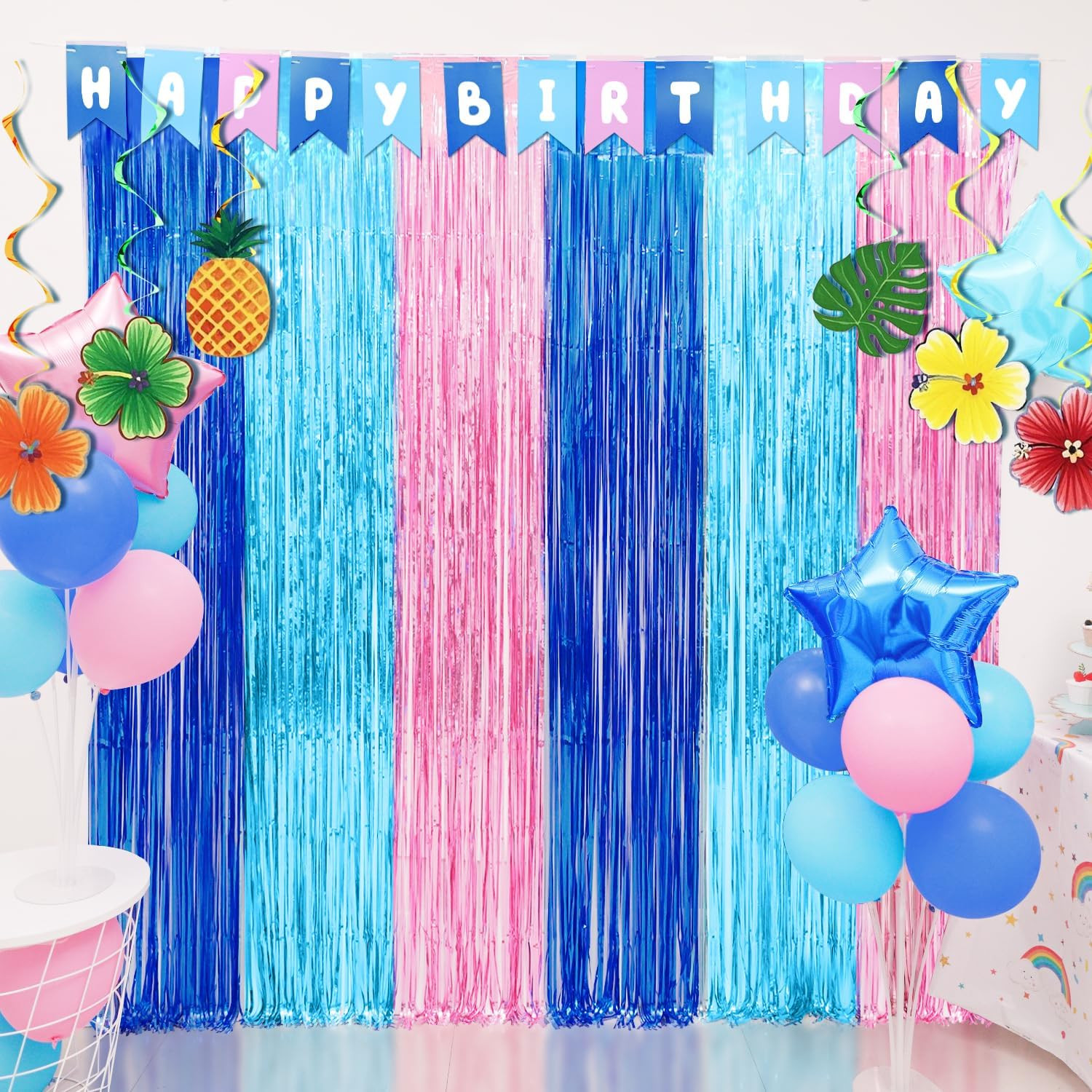 Cartoon Birthday Decorations, 2 Pack Luau Party Photo Booth Props, Blue Pink Fri
