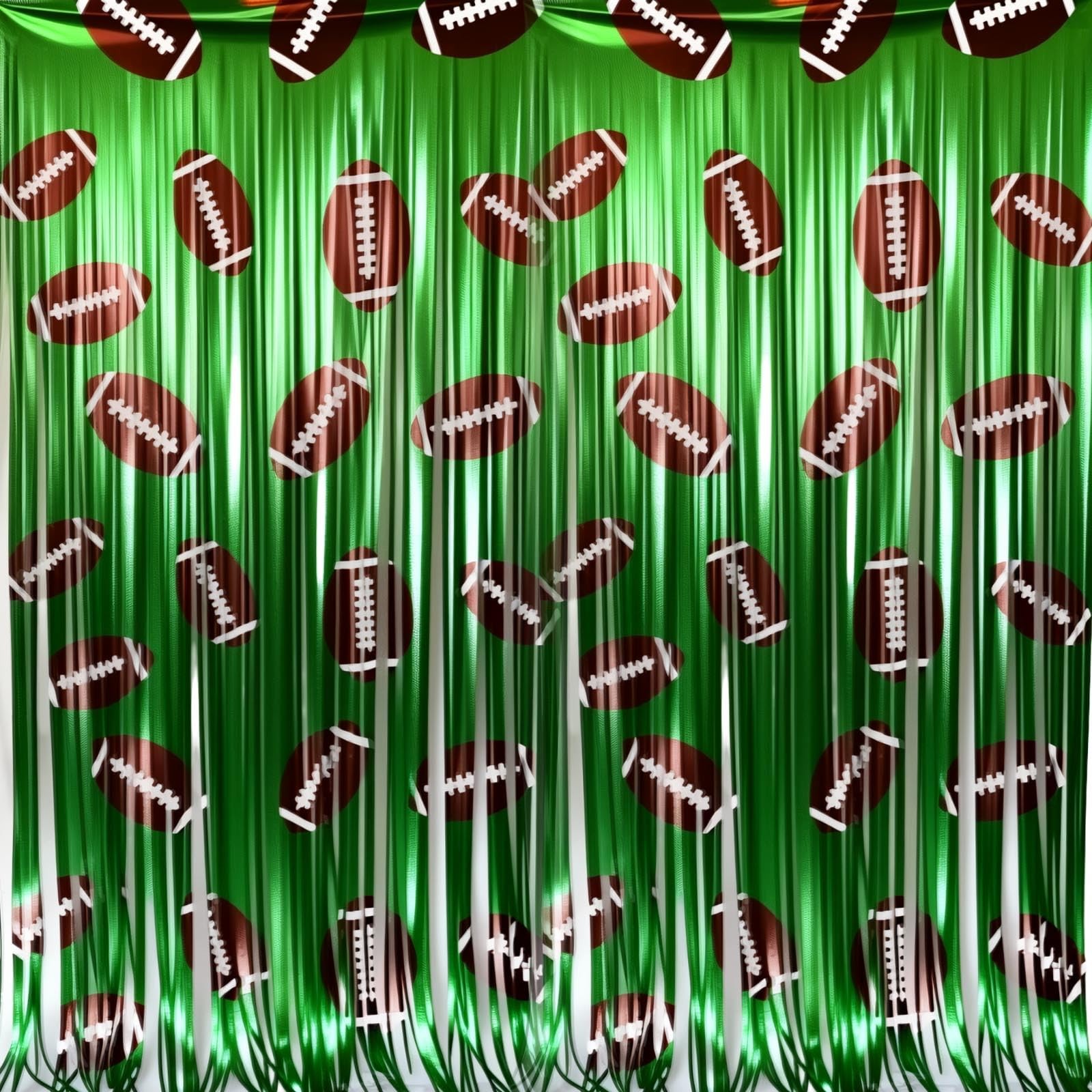 3.3×6.6 Ft Brown Green Football Foil Fringe Curtain Backdrop Sports Decor 2 PCS