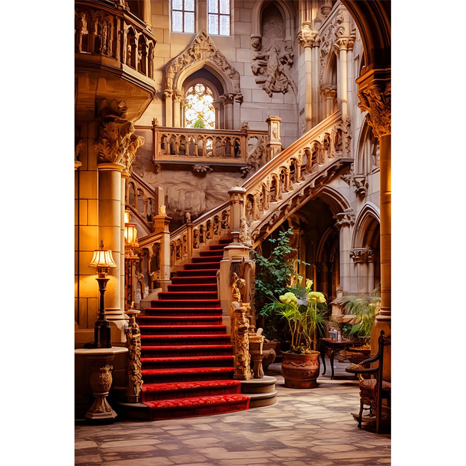 Elegant Ancient European Red Staircase Studio Photography Background 8x10ft