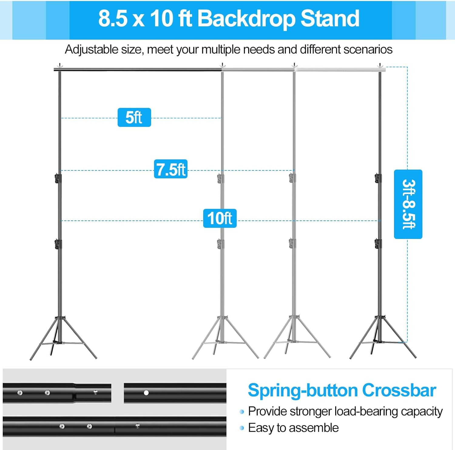 Adjustable 8.5x10ft Heavy Duty Backdrop Stand with Carry Bag for Photography