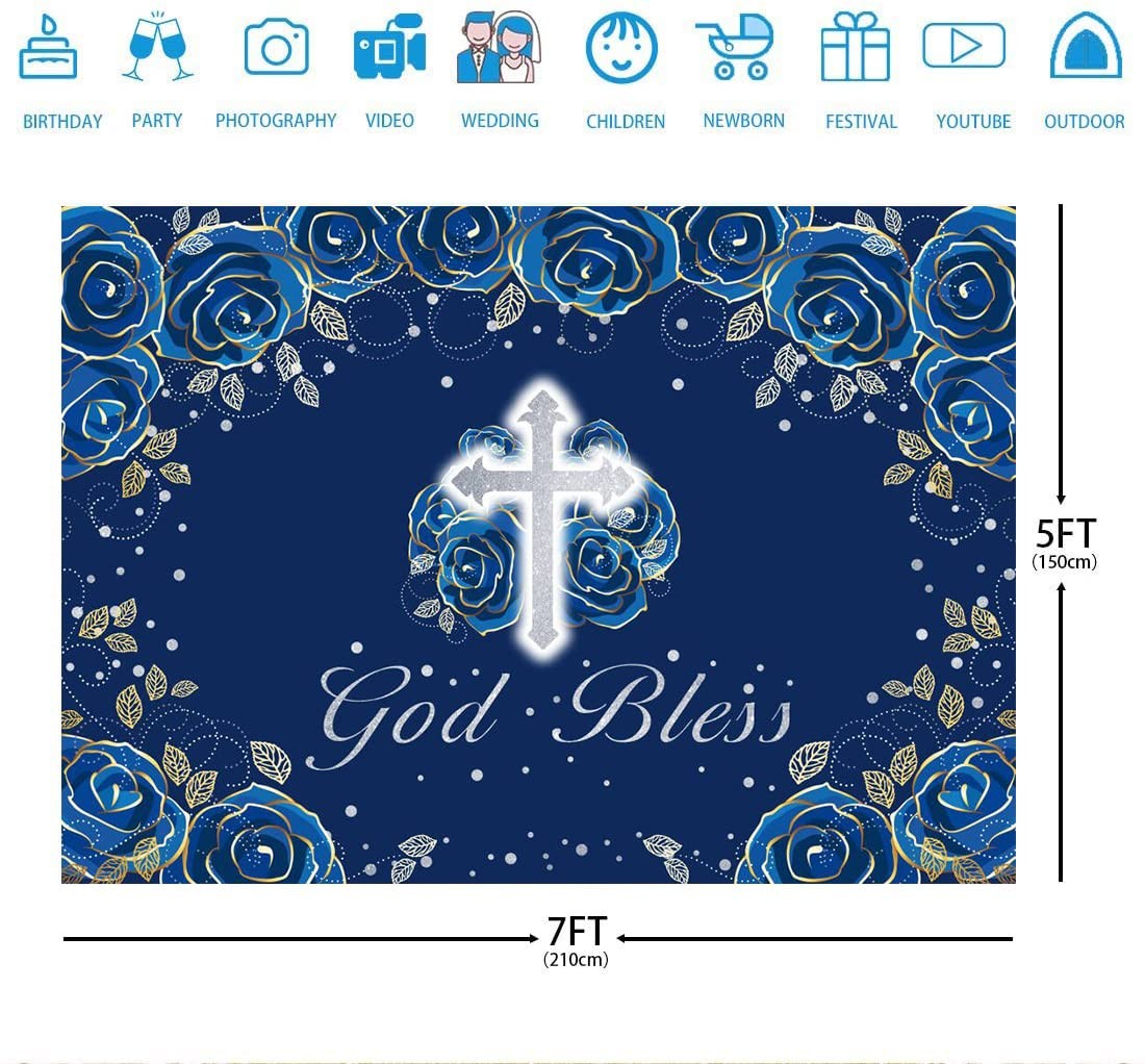 7x5ft God Bless Mi Bautizo Backdrop Baptism Christening Boy Blue Photo Prop