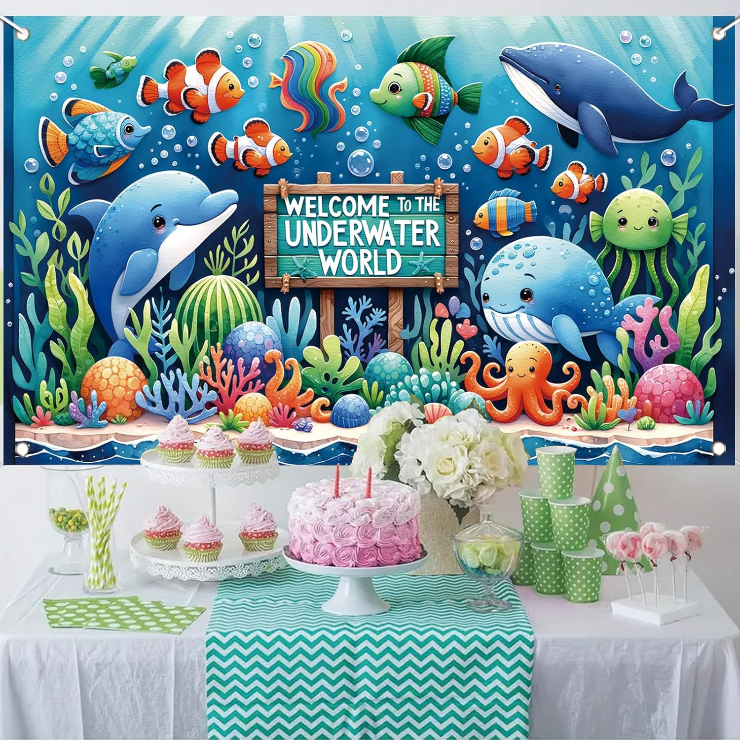 Underwater World Backdrop Banner Ocean Party Decoration Cute Sea Animal Banner f
