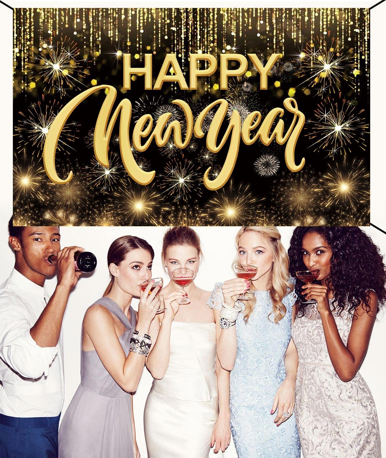 Happy New Year Hanging Extra Large Fabric 43.3 inches x 70.8 inches, Gold