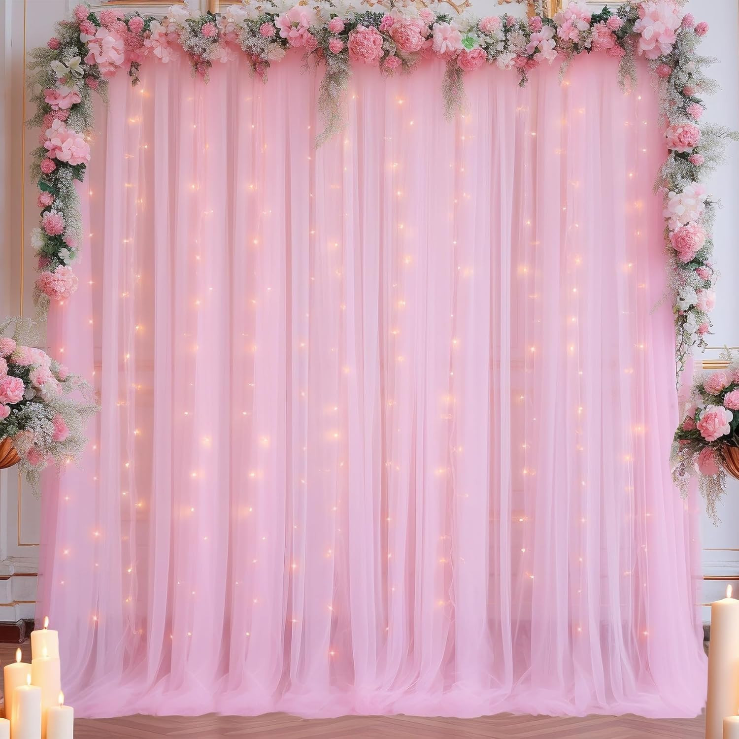 10X10Ft Pink Tulle Backdrop Curtain with Lights String for Parites, Sheer Backdr