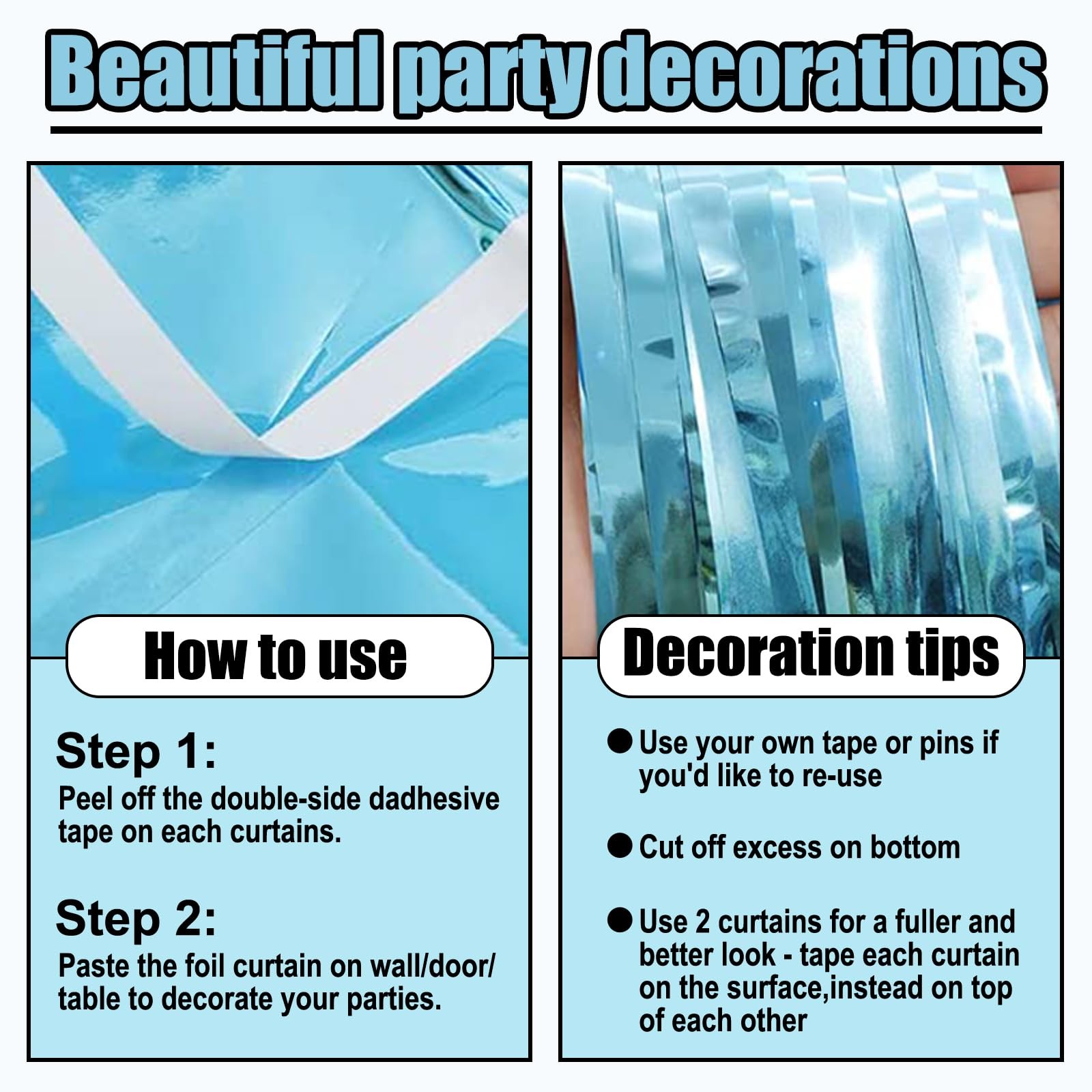 6 Pack Light Blue Foil Fringe Curtains, Tinsel Backdrop, 3.28 x 6.6 Ft