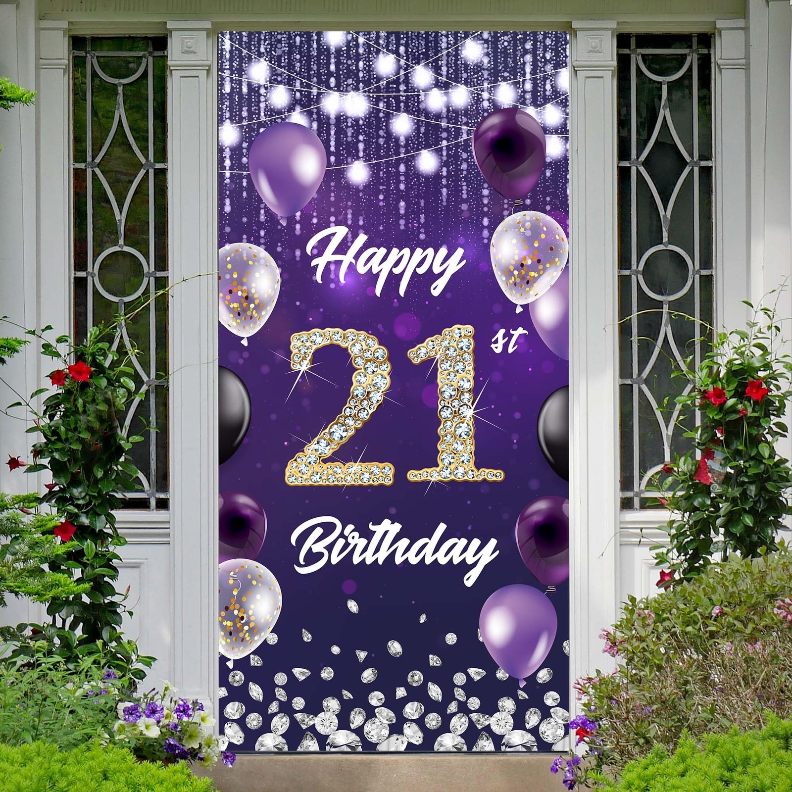 Happy 21st Birthday Backdrop Banner Purple Theme 2.95 feet x 5.98 feet, 21