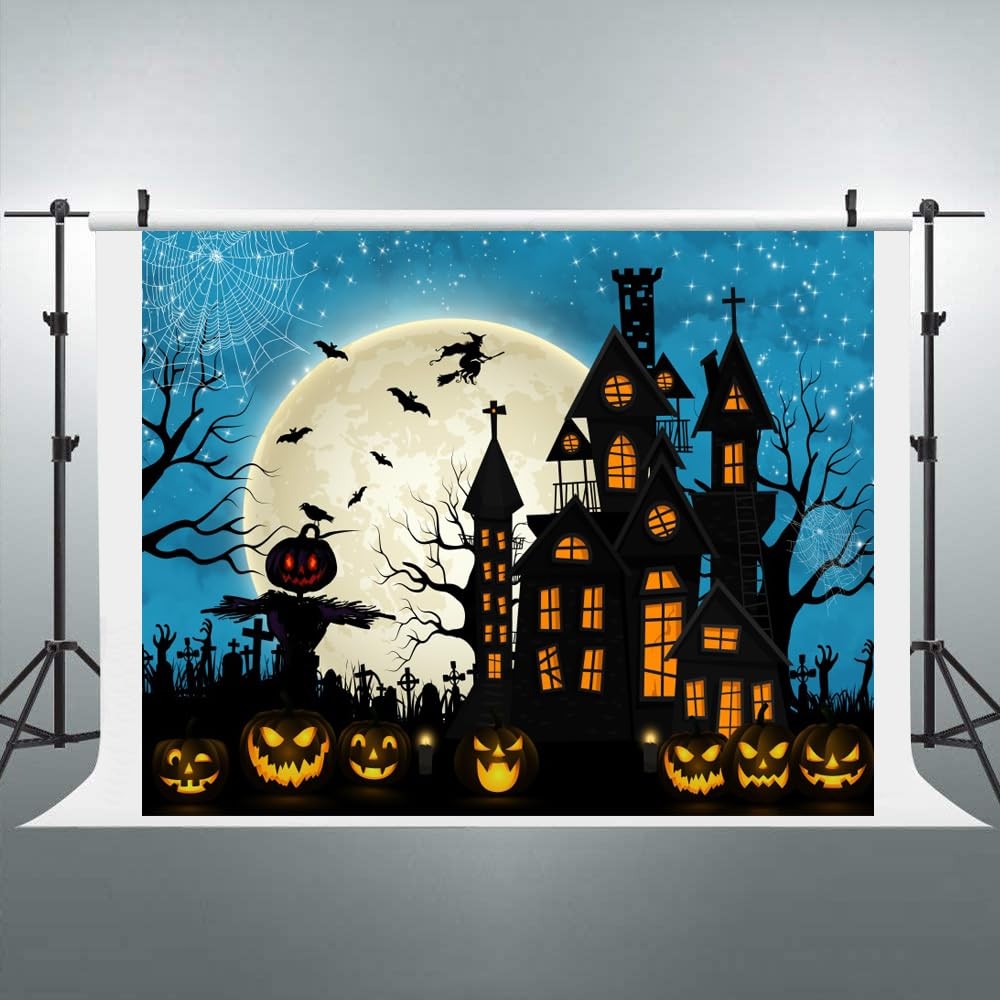 10x8ft Halloween Backdrop Haunted House Graveyard Pumpkin Background Photo