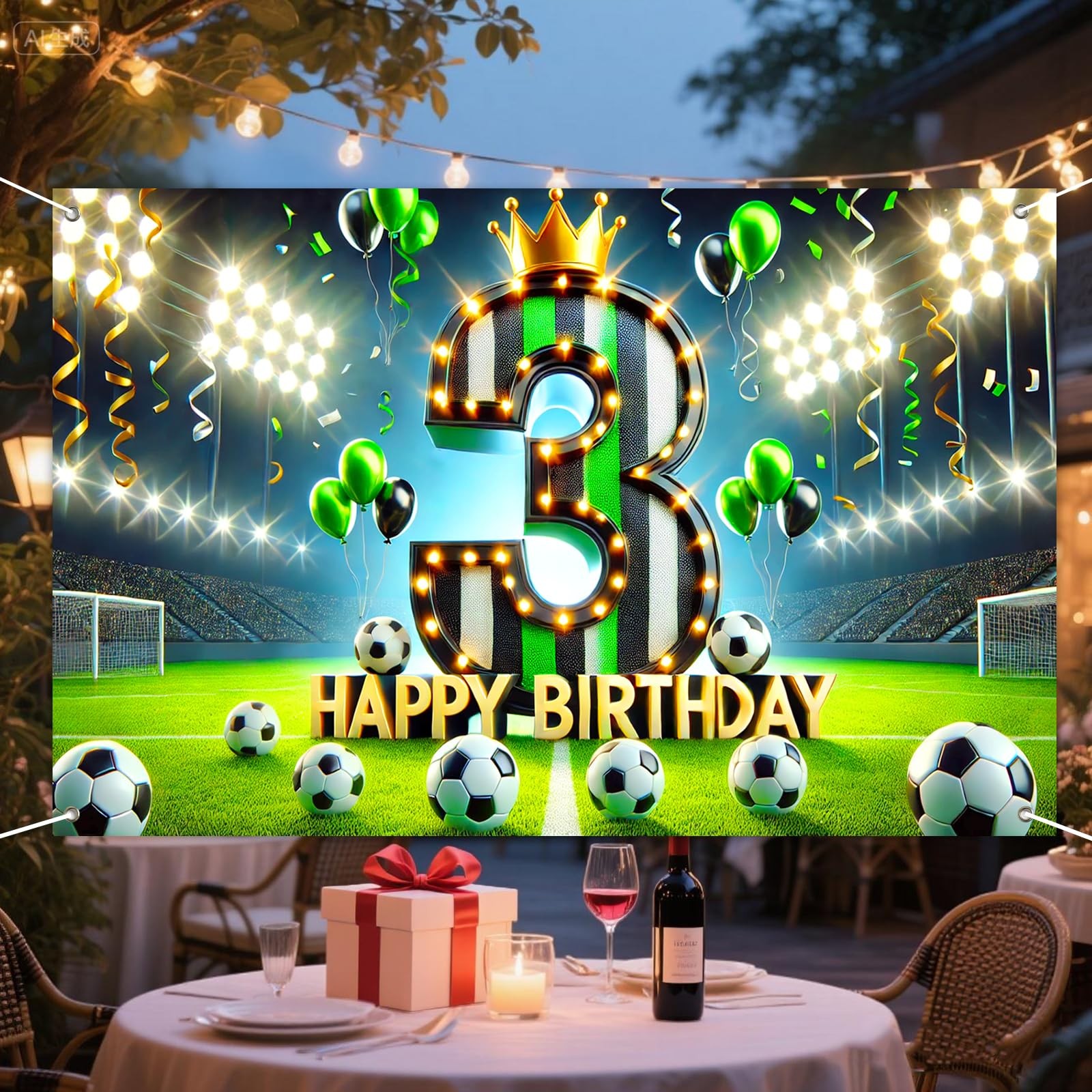 Soccer 3rd Birthday Backdrop Banner 71×43 Inch Black Green White Crown Stadiu…