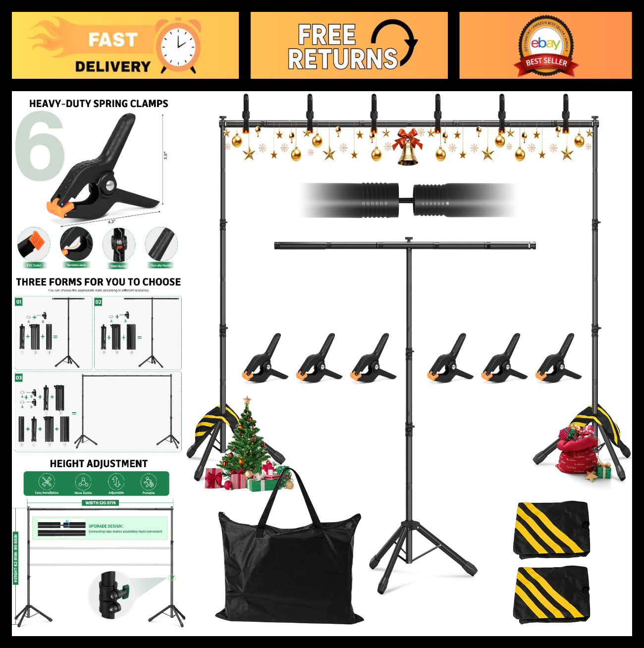 3-in-1 Adjustable Backdrop Stand 10×7.5FT, Portable Photography Kit with Clamps