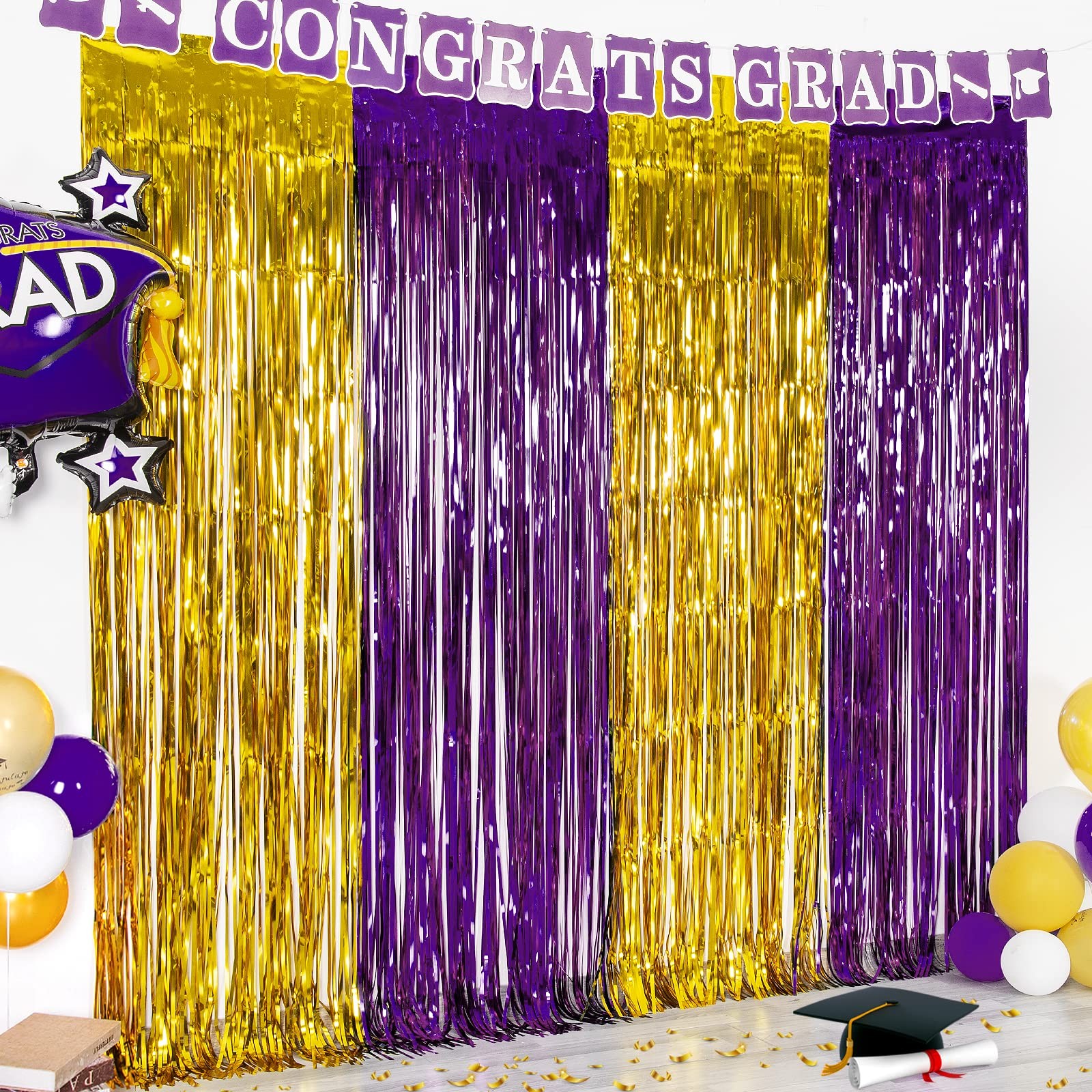 Graduation Party Decoration, 2 Pack Purple Gold Foil Fringe Curtain