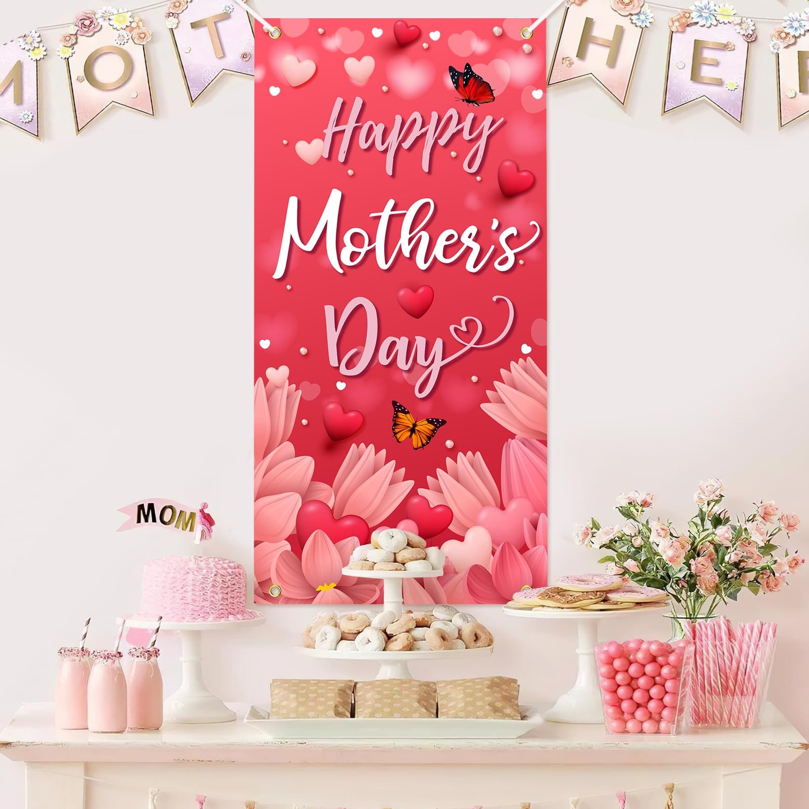 Happy Mother’s Day Door Cover Pink Heart Flowers Mom Gifts for Indoor Decoration