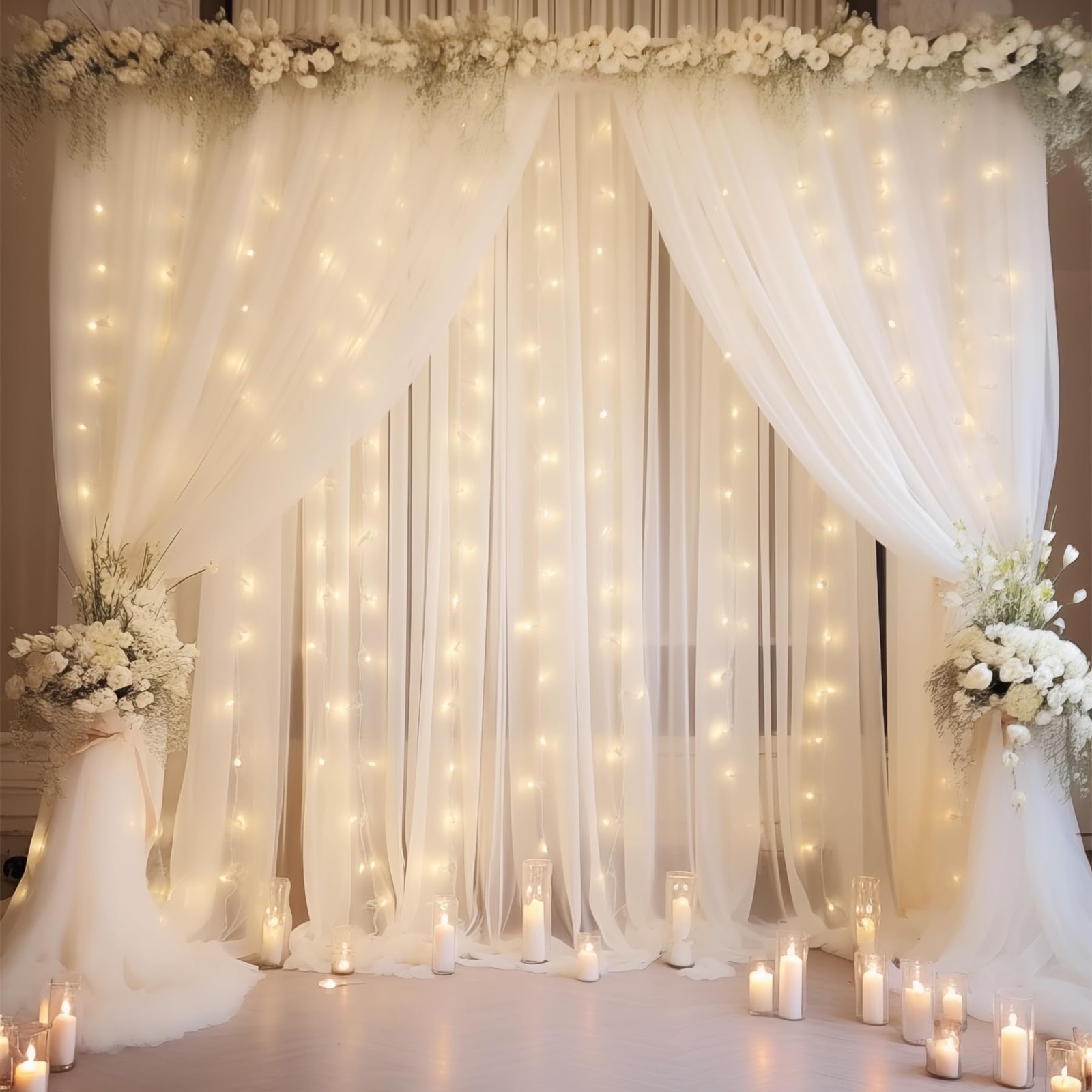 20×10ft White Tulle Backdrop Curtain with Lights String for Parties, Sheer Ph…