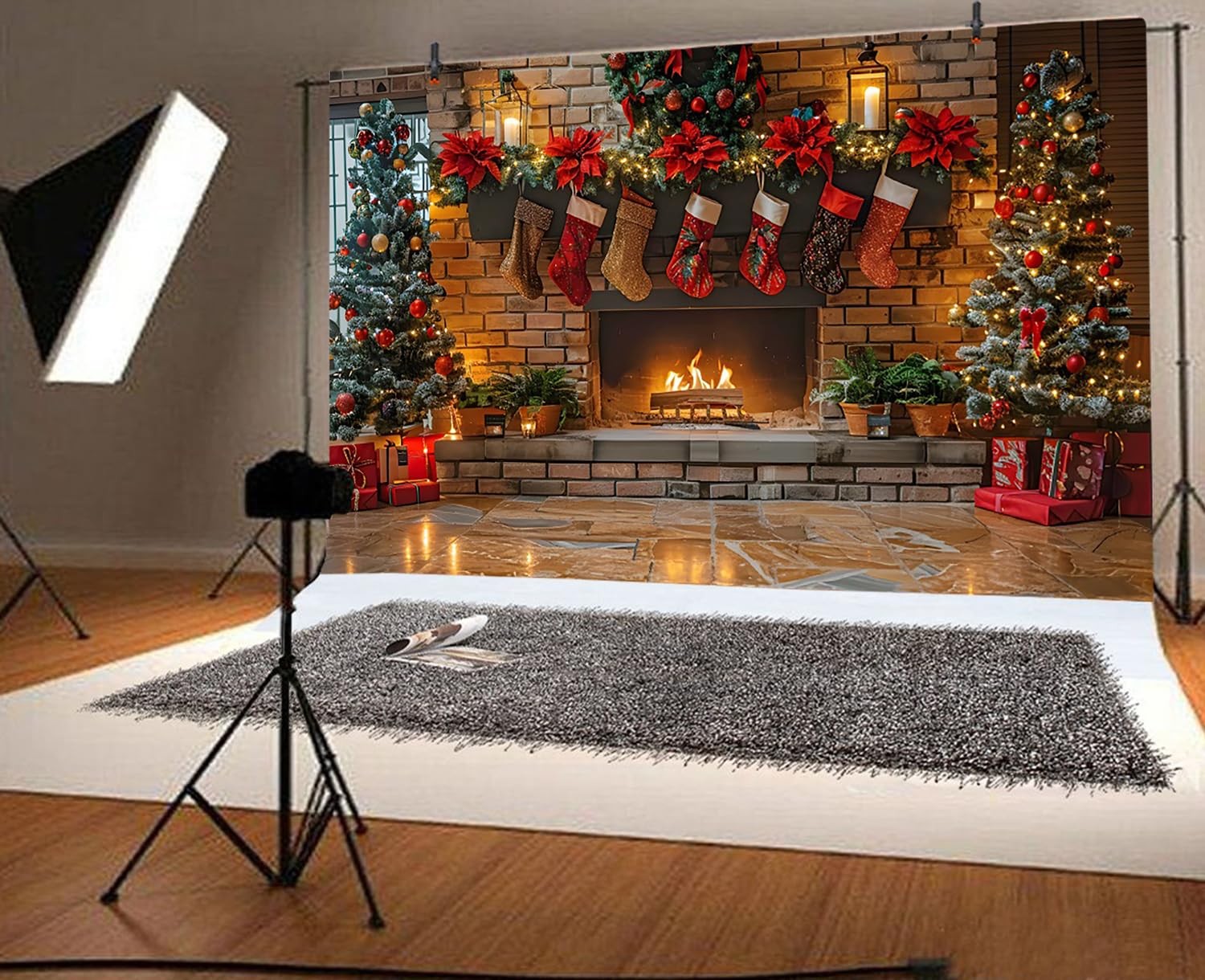7x5ft Christmas Fireplace Backdrop Tree Xmas Stocks Brick