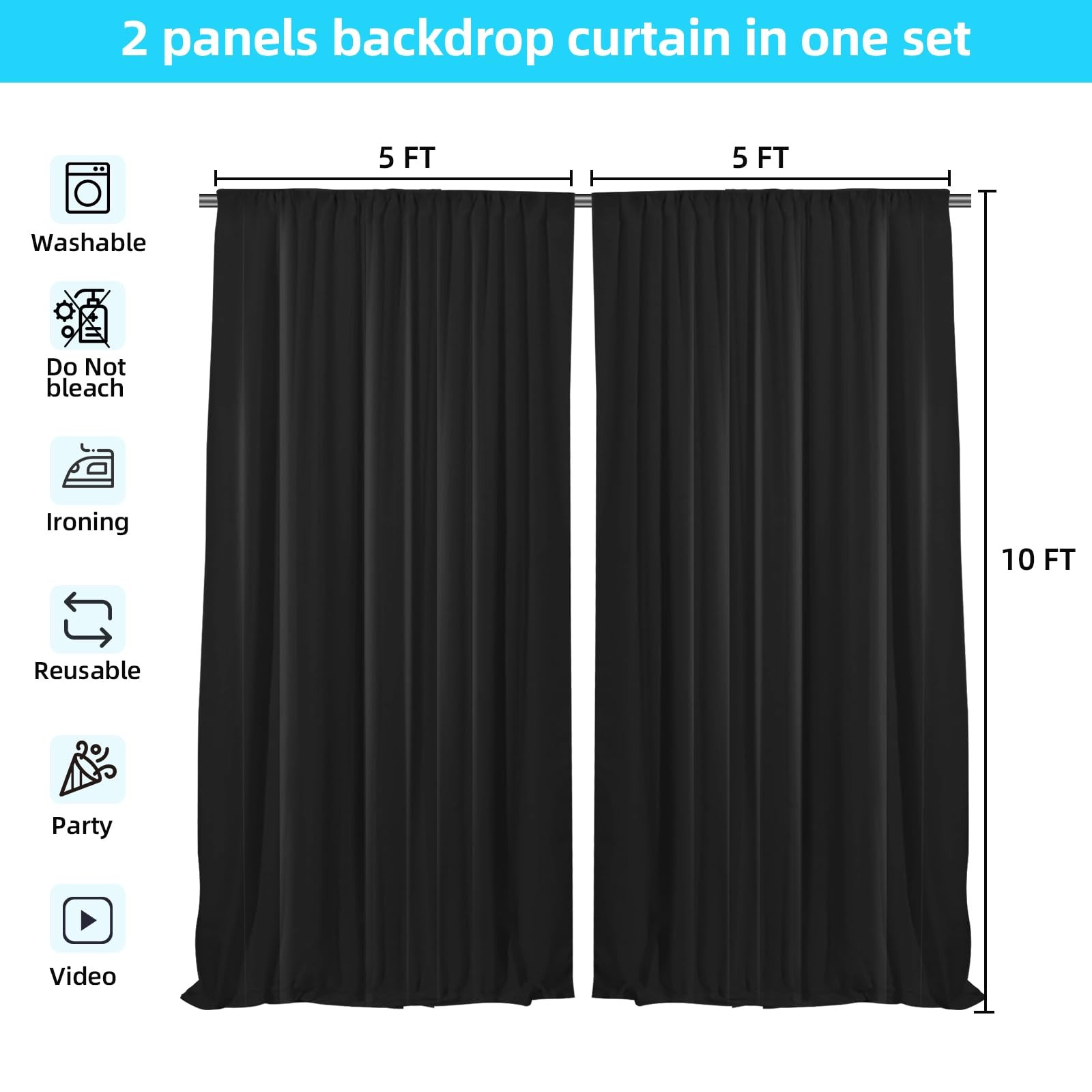 2 Panels 10x10ft Black Backdrop Curtain, Rod Pockets, Wrinkle Free, 5x10ft Each