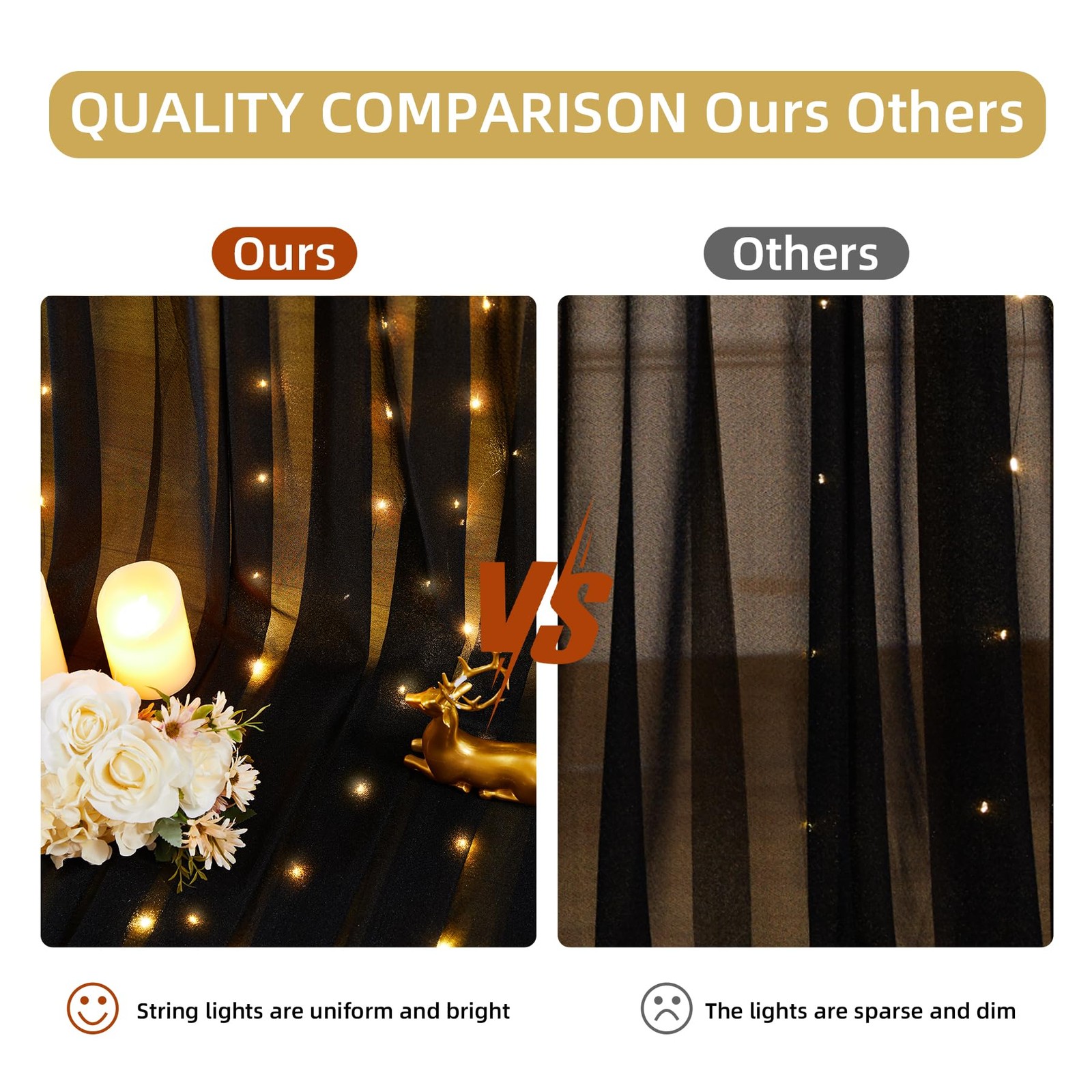 Black Backdrop Curtains 10x10ft Wrinkle Free With Light String Background
