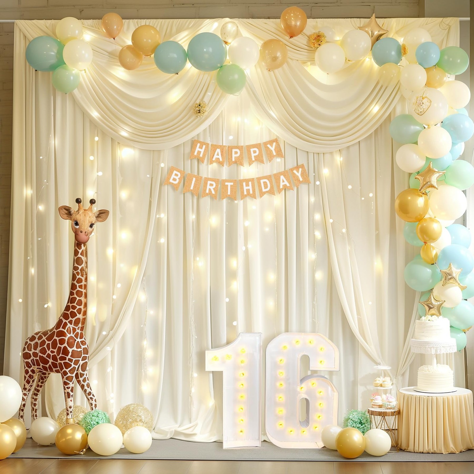 10x10FT Beige Backdrop Curtains Lights String Wrinkle Free Polyester Wedding